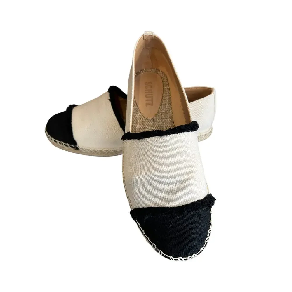 Schutz Ohanna Flat Slip on Espadrille Shoes Cream Black Colorblock 7.5